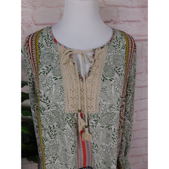 DR2 Boho Peasant Blouse Vintage Style Crochet Floral Print Top M - Picture 2 of 12